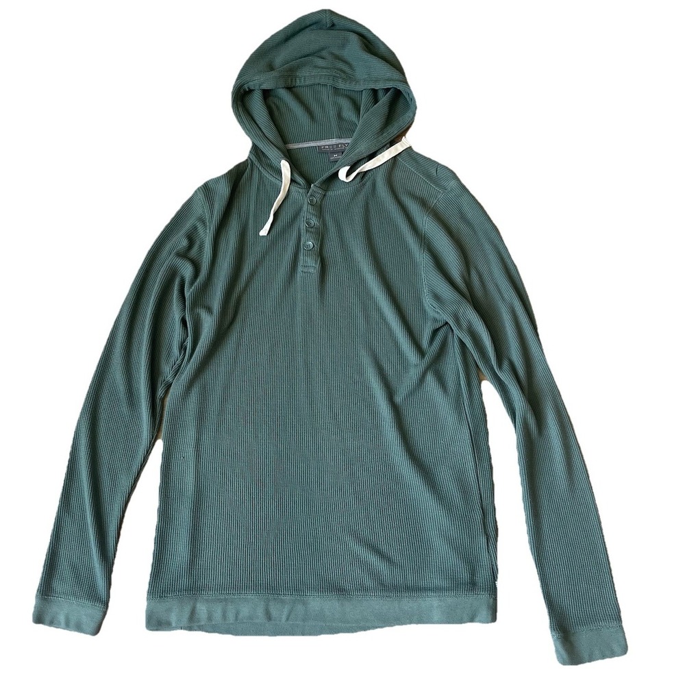 Free Fly Henley Hoodie Mens M Green Bamboo Waffle Knit Thermal Pullover Outdoor